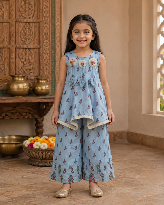 Blue Floral Short Kurta with Flared Palazzo