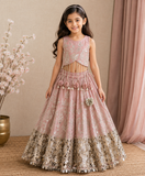 Dusty Old Rose Tissue Silk Top with Silver Floral Embroidery, Statement Hangings & Embellished Lehenga.