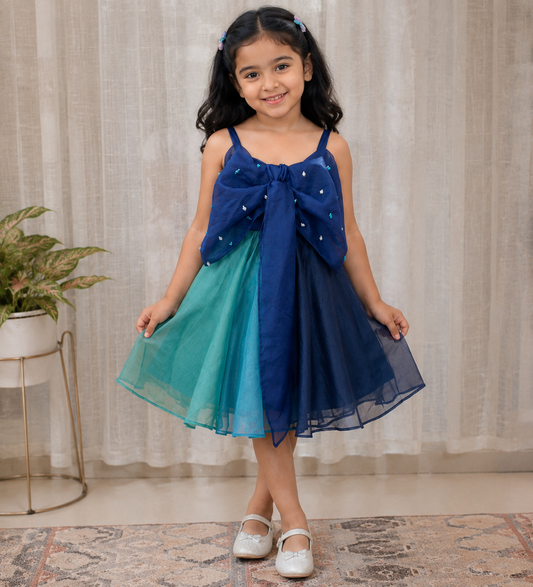 Elegant Blue Organza Frock with a Statement Bow and Delicate Embellishments.