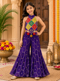 Festive Purple Crop Top with Handmade Flower Hangings, Flared Palazzo & Matching Bandana
