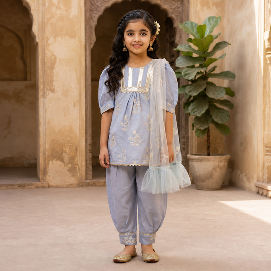Grey Embroidered Kurta with Dhoti and Dupatta