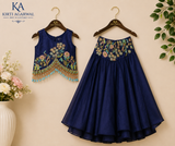 Navy Blue Embroidered Satin Organza Lehenga Set with Beaded Tassel Top