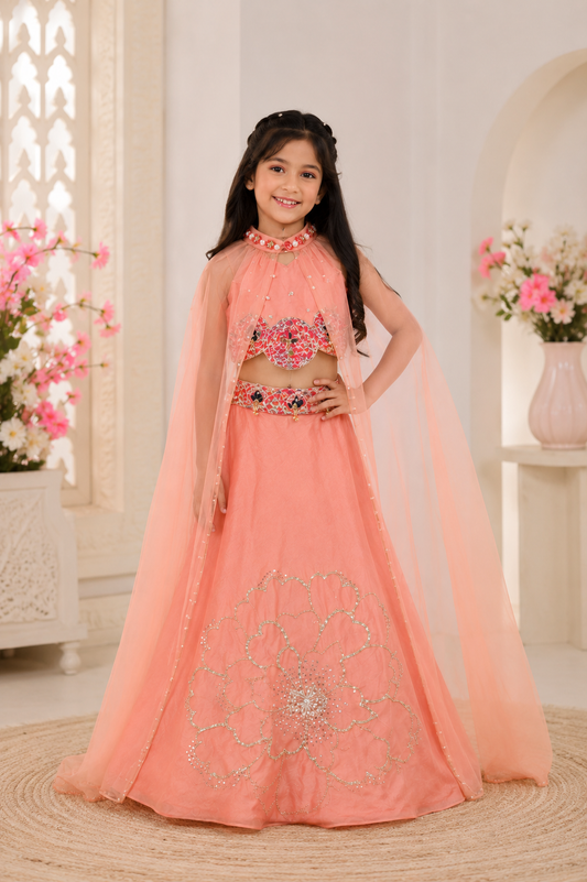 Peach Embroidered Chanderi Silk Lehenga Set with Attached Organza Cape