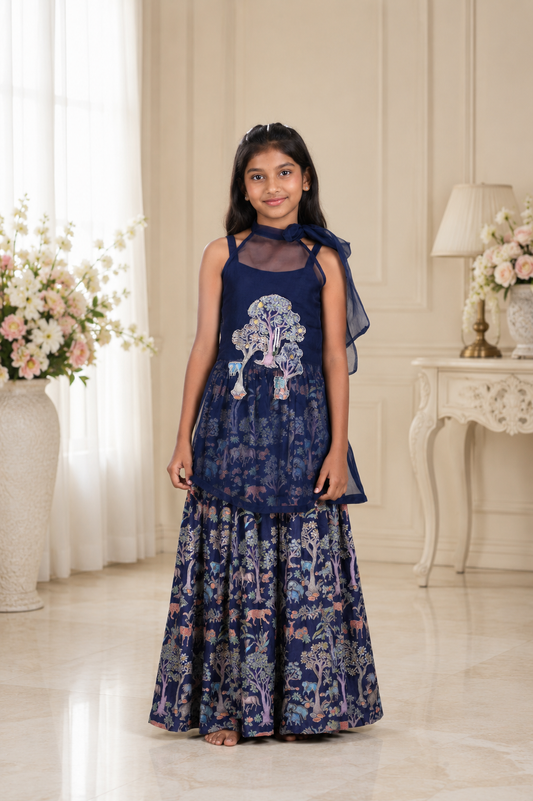 Tree Patchwork Navy blue Cape With Forest Inspired Palazzo And Top