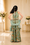 Sage Green Floral Printed Chanderi Silk Palazzo Set with Organza Dupatta & Potli Bag