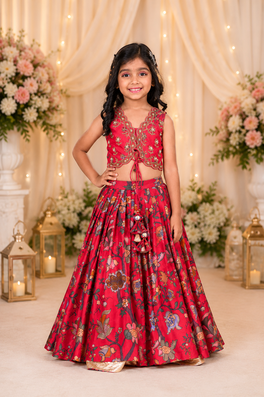 Crimson Red Pure Chanderi Silk Embroidered Lehenga Set for Girls
