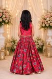 Crimson Red Pure Chanderi Silk Embroidered Lehenga Set for Girls