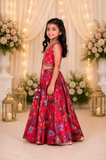 Crimson Red Pure Chanderi Silk Embroidered Lehenga Set for Girls
