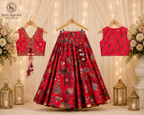 Crimson Red Pure Chanderi Silk Embroidered Lehenga Set for Girls
