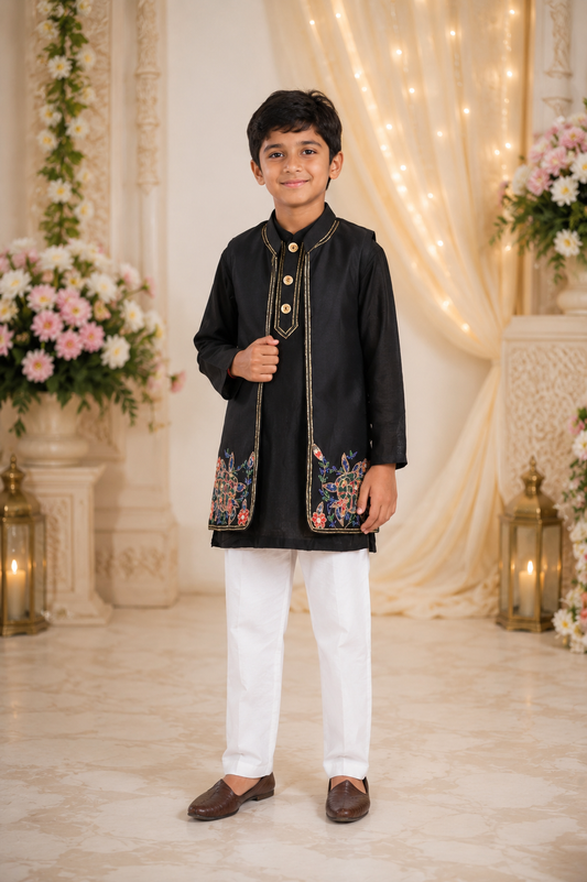 Handwork Embroidered Black Chanderi Silk Kurta Set with Jacket & White Pyjama