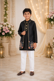 Handwork Embroidered Black Chanderi Silk Kurta Set with Jacket & White Pyjama