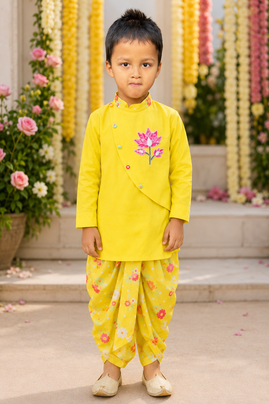 Lotus Embroidered Kurta with Printed Dhoti