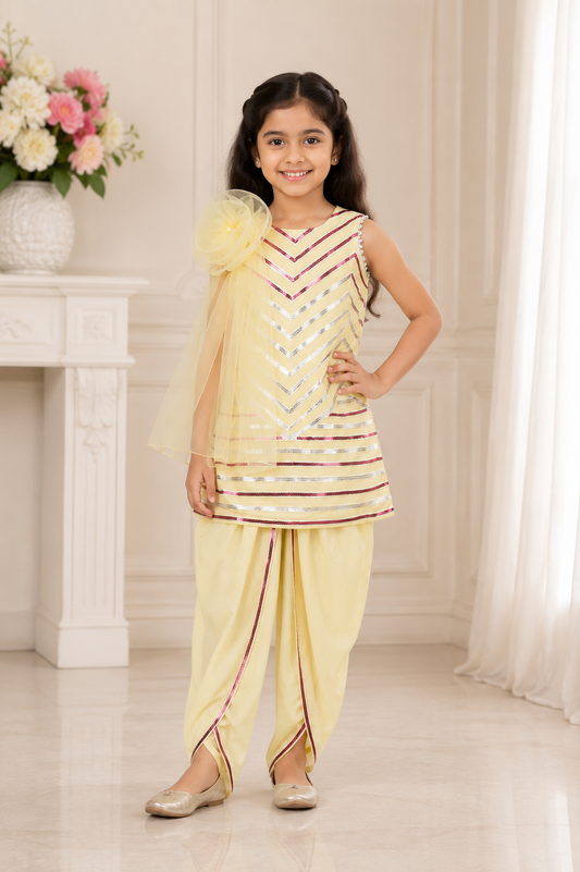 Short Sequin work kurta with attached flower dupatta and Dhoti