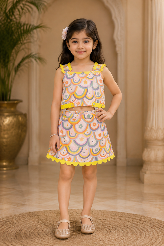 Rainbow print skirt set with scalaps all over