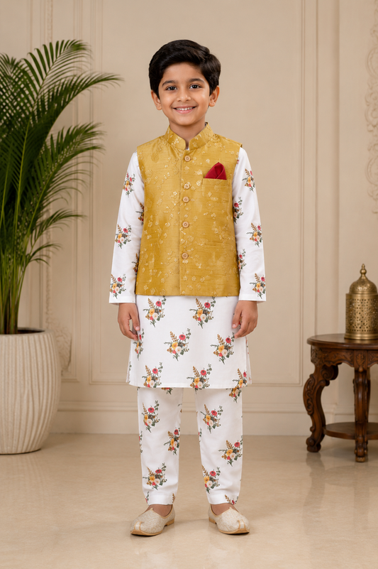 Embroidered Bandi with Flower Print kurta and Pajama