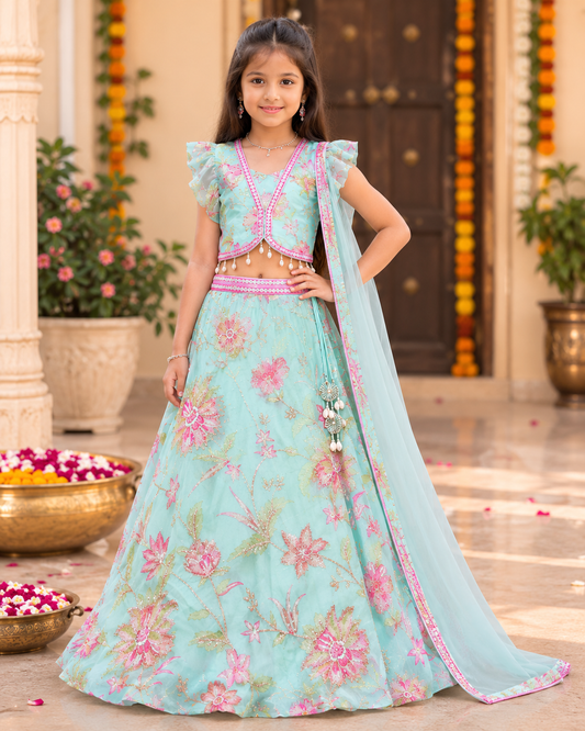 Floral Printed And Embroidered Top With Matching Lehenga And Dupatta| Embroidered Top & Organza Dupatta | Kirti Agarwal