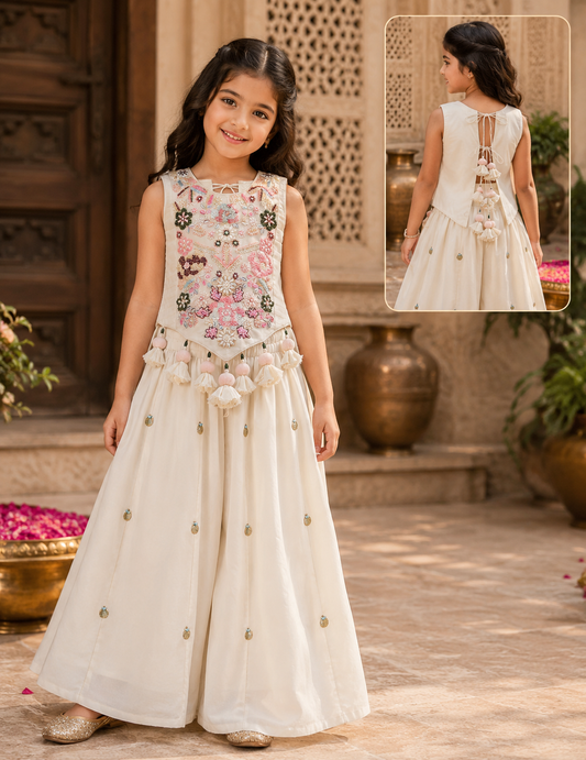 Tassel Detailed Floral Embroidered Top With Palazzo