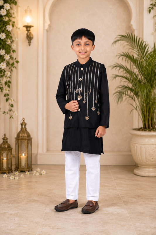 Heavy Handwork Embroidered Chanderi Silk Kurta Set with Jacket & White Pyjama