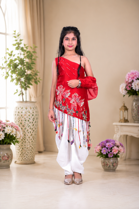 Red Embroidered One-Shoulder Dhoti Set with Handcrafted Tassel Detailing
