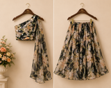 Black Floral Organza Georgette One-Shoulder Lehenga Set with Attached Drape.