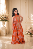 Rust Orange Embroidered Crop Top with Statement Tassels and Printed Floor-Length Palazzo Set