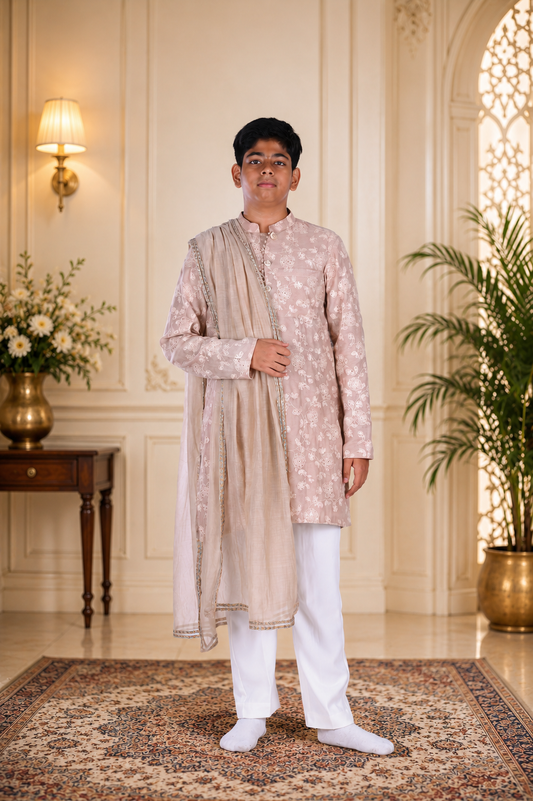 Beige embroidered kurta set featuring a graceful dupatta.| Designer Kids Ethnic Wear | Kirti Agarwal