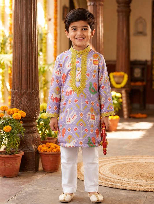 Lavender Patola Kurta Set for Boys