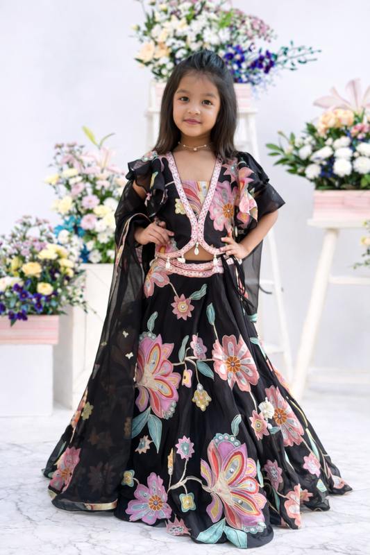 Floral printed embroidered lehenga set for girls with organza dupatta by Kirti Agarwal