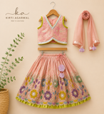Pleated Armhole Elegant Top And Shimmery Lehenga With Matching Net Dupatta