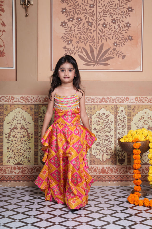 Vibrant Handcrafted Silk Crop Top with Ruffled Palazzo Set for Girls.