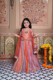 Stunning rust orange 4-piece tissue silk lehenga set with embellished crop top, net dupatta and matching potli bag