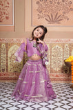 Beautiful lavender 4-piece tissue silk and net lehenga set with embellished crop top, dupatta and matching potli bag.