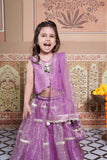 Beautiful lavender 4-piece tissue silk and net lehenga set with embellished crop top, dupatta and matching potli bag.