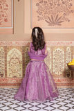 Beautiful lavender 4-piece tissue silk and net lehenga set with embellished crop top, dupatta and matching potli bag.
