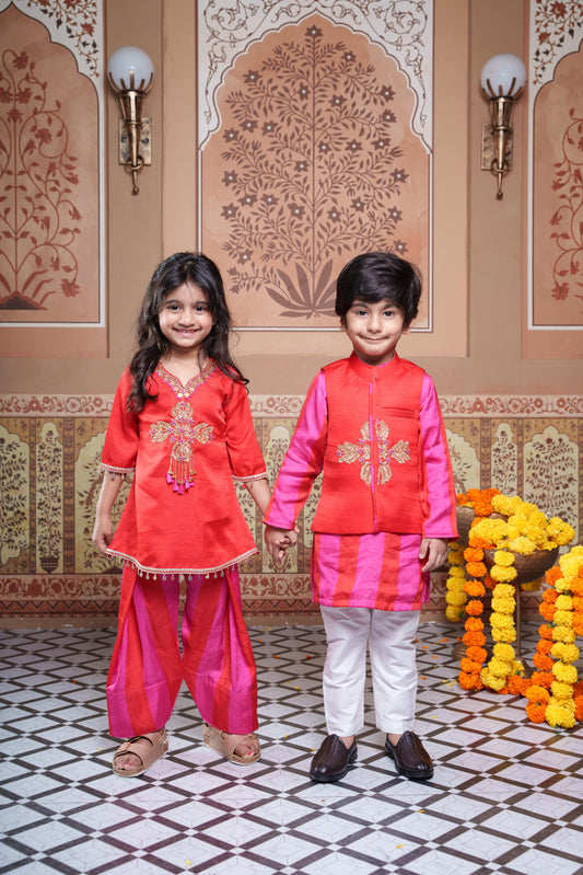 Red Embroidered Kurta With Red & Pink Striped Farsi Salwar & Red Embroidered Jacket With Pink & Red Kurta And White Elasticated Pyjama Set