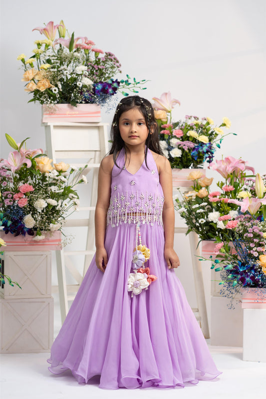 Embroidered halter top with layered lehenga for girls