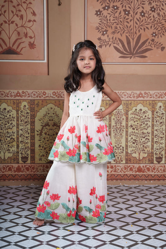 Elegant Chanderi Silk Floral Kurta Set & Flared Palazzo.