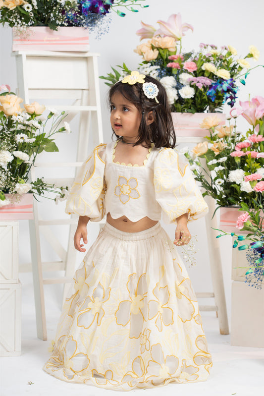 Ivory floral embroidered lehenga set for girls with crop top