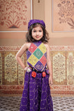 Festive Purple Crop Top with Handmade Flower Hangings, Flared Palazzo & Matching Bandana