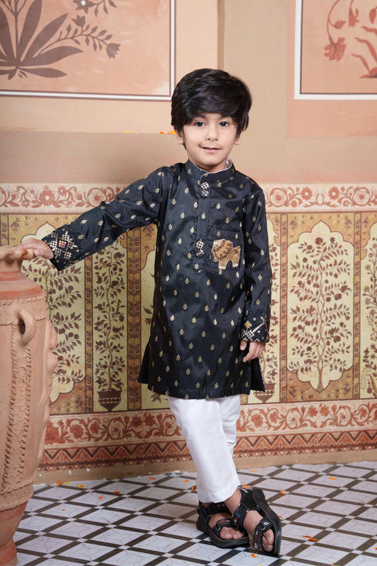 Black Brocade Kurta Set with White Pyjama