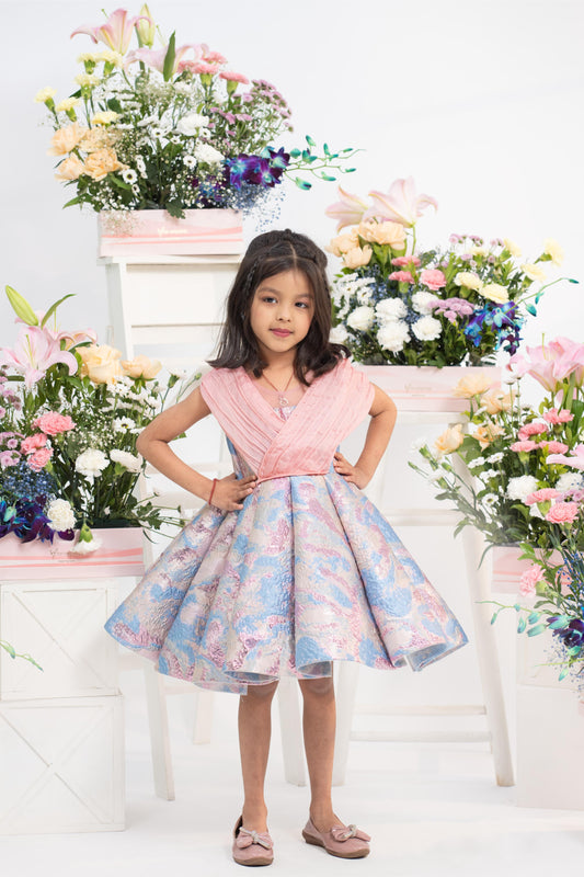 Blush pink pleated bodice party dress for girls with pastel brocade skirt