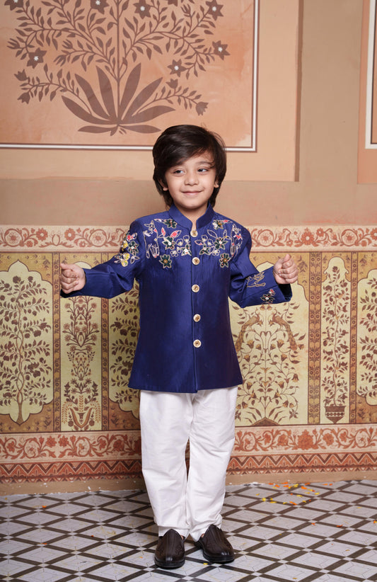 Heavy Handwork Embroidered Royal Blue Chanderi Silk Jacket Set with White Pants