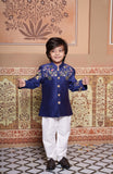 Heavy Handwork Embroidered Royal Blue Chanderi Silk Jacket Set with White Pants