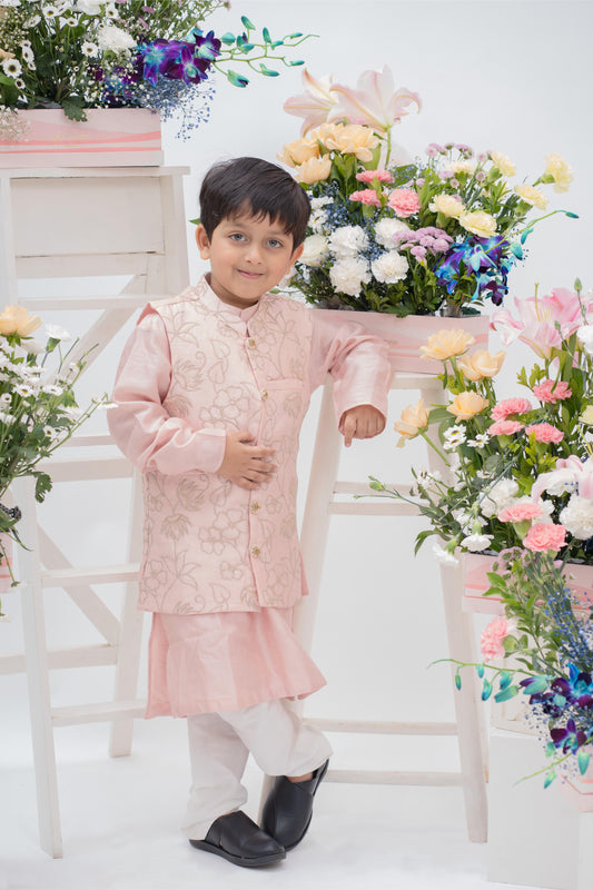 blush pink embroidered kurta jacket set for boys by Kirti Agarwal