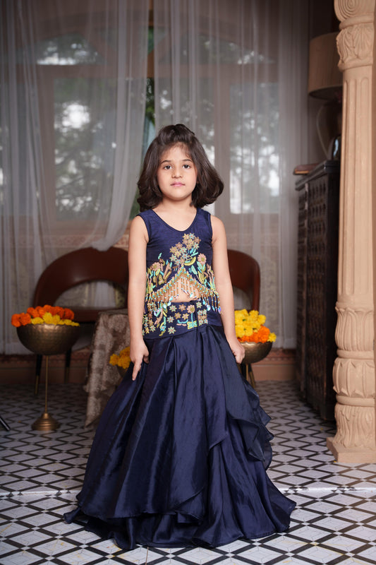 Navy Blue Embroidered Satin Organza Lehenga Set with Beaded Tassel Top