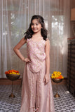 Mauve Pink Floral Embroidered Corset Top With Wide-Leg Palazzo Pants & Tassel Detailing