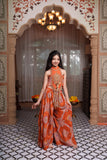 Rust Orange Embroidered Crop Top with Statement Tassels and Printed Floor-Length Palazzo Set