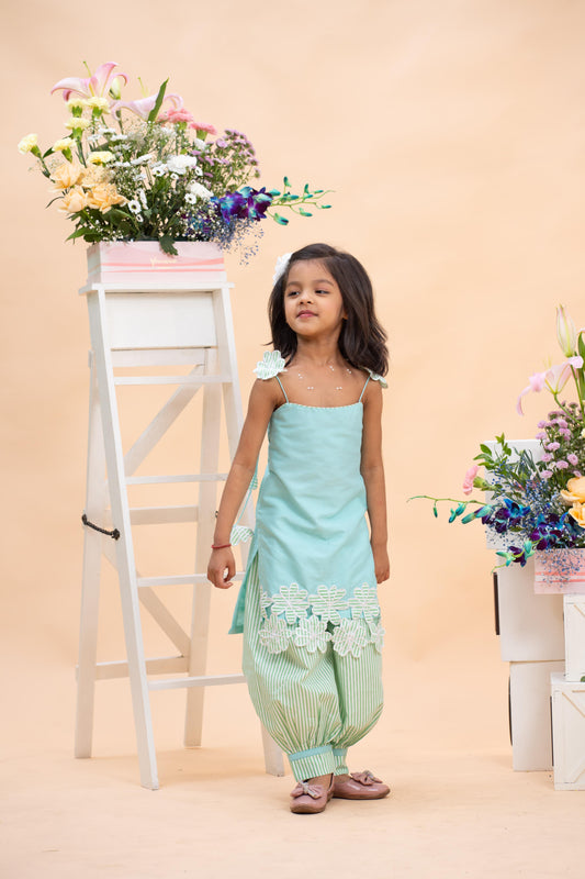 mint green lace kurti with striped dhoti set for girls by Kirti Agarwal