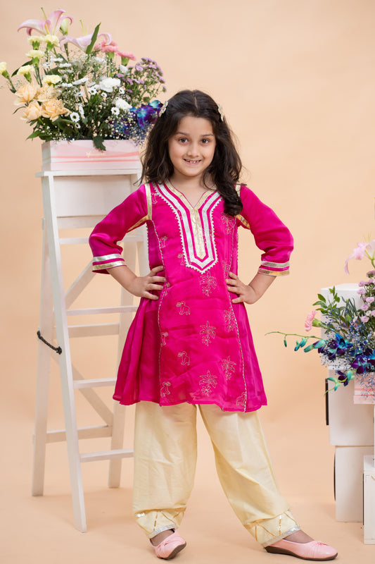 fuchsia pink embroidered kurti with pastel yellow farsi salwar set for girls by Kirti Agarwal