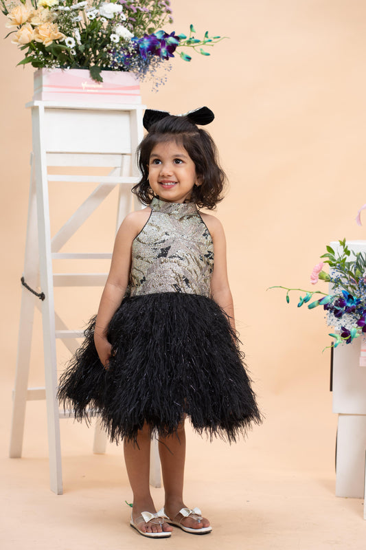 halter neck fur top with dual tone panelled lehenga set for girls by Kirti Agarwal